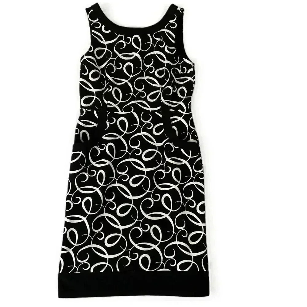 London Times Black White Swirl Pattern Sleeveless DressWomens Small Medium